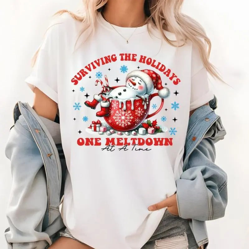 Surviving the Holidays One Meltdown at a Time Christmas Shirt,  Cute Snowman Christmas Shirt, Graphic Shirt Retro Adult Shirt Vintage T-Shirt Cotton Tee, Trendy T-Shirt, Funny Gift Soft Womenswear