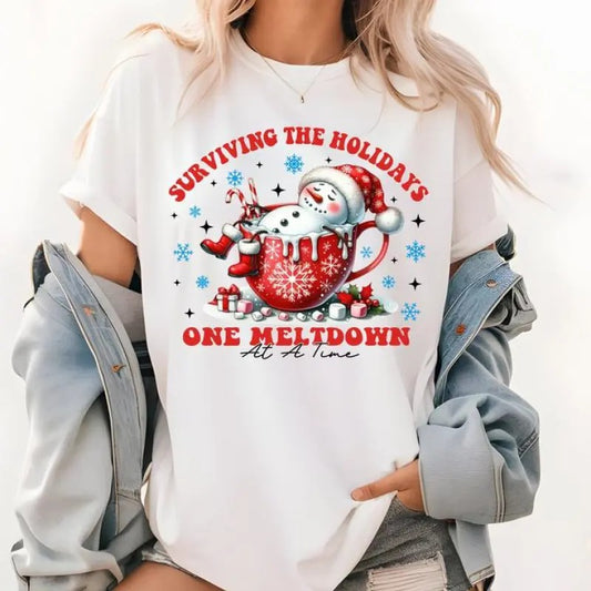 Surviving the Holidays One Meltdown at a Time Christmas Shirt,  Cute Snowman Christmas Shirt, Graphic Shirt Retro Adult Shirt Vintage T-Shirt Cotton Tee, Trendy T-Shirt, Funny Gift Soft Womenswear