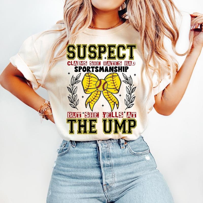 Suspect Claims Softball T-Shirt, Softball Coquette T-Shirt, Game Day T-Shirt, Retro Softball Bow T-Shirt, Funny Softball Mama T-Shirt, Hey Batter Batter Swing