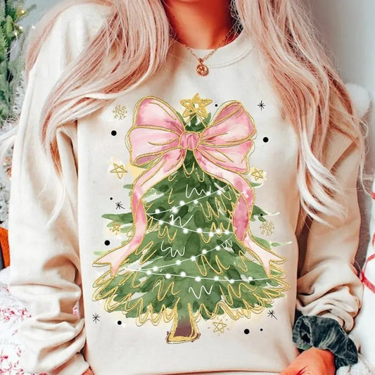 Coquette Glitter Christmas Tree T-shirt/Sweater , Merry Christmas Coquette Bow Tree T-shirt/Sweatshirt, Cotton Womenswear Retro Thanksgiving