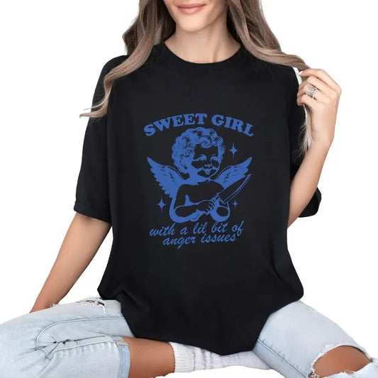 Sweet Girl With Anger Issues T Shirt, Trendy Vintage Shirt, Retro Angel Shirt, Meme T Shirt, Unisex T-Shirt, Short Sleeve Tee Shirt, Gifts For Women, Gifts For Birthday Mothers Day