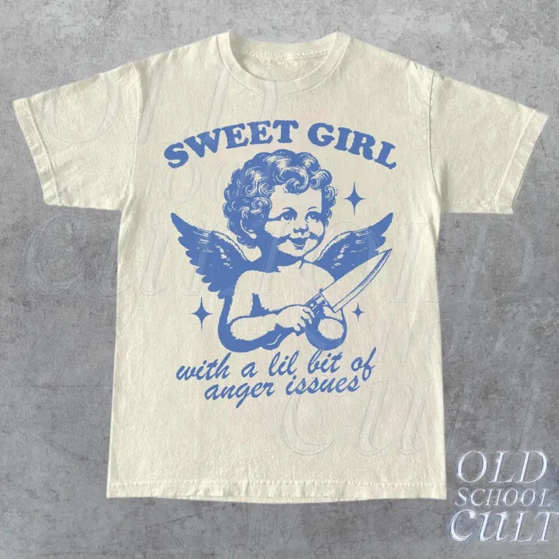Sweet Girls With Anger Issues Graphi T-Shirt, Retro Unisex Adult T Shirt, Vintage Angel T Shirt, Nostalgia T Shirt, Relaxed Cotton Tees