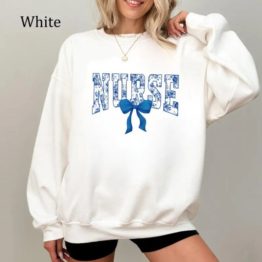Nurse Floral  Blue Bow Crewneck Sweatshirt/T-Shirt, For Men, For Women, Unisex Style, 100% Cotton, Pullover Crewneck Sweatshirt