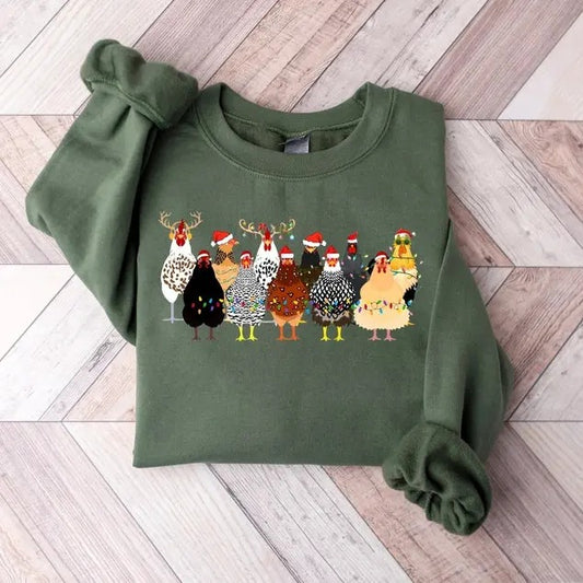 Cute Christmas Chickens Sweater/T-shirt For Women, Unisex Design, Festive Holiday Gift - Cotton, Pullover Womenswear Check Retro Thanksgiving