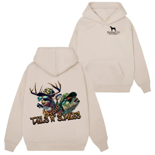 TAILS & SCALES Hunting Graphic Sweatshirt Hoodie Tshirt, Unisex Crew Neck, Regular Fit, Comfortable Casual Cotton Outfit with Classic Fabric for Men and Women