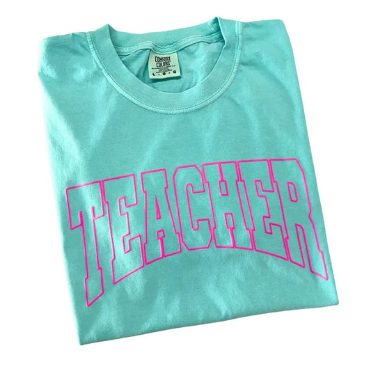 TEACHER Pink Puff Letter Comfort Colors T-Shirt