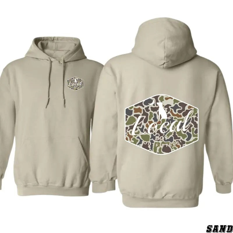 TTP Local Boy Outfitters Hoodie - Bold Camo Logo Design, Ideal for Outdoor Enthusiasts and Hunters, Unisex Hoodie Offering Comfort and Style for Everyday Wear, Showcasing Southern Pride and a Love for the Outdoors and Adventure Menswear Sweaters