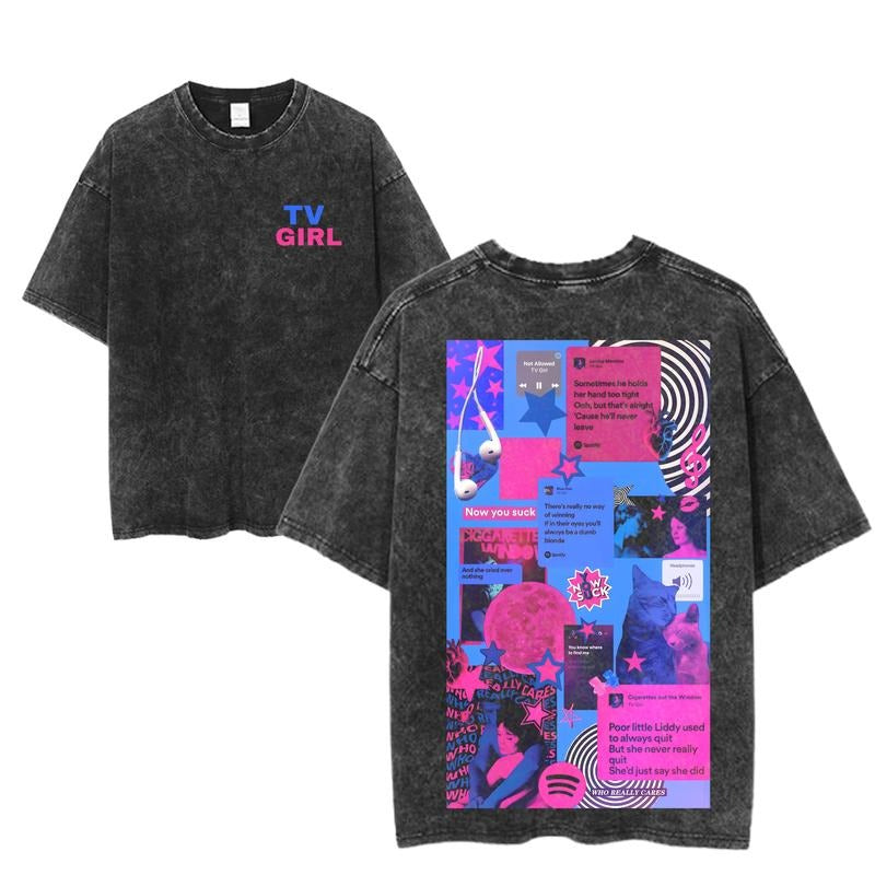 TV Girl Lyric Collage Tee, Vaporwave Aesthetic Music Shirt, Sadcore Indie Pop Tour Merch, Washed Black Emotional Streetwear, Alt Girl Graphic T-Shirt