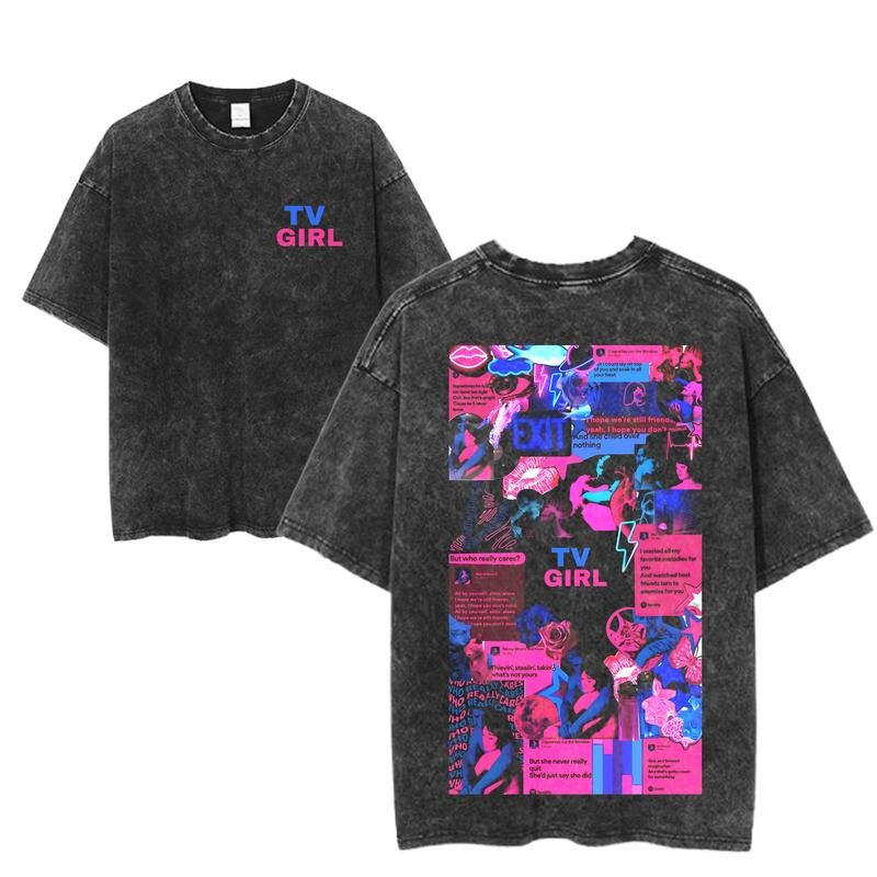 TV Girl Lyric Wall Graphic Tee, Emotional Collage Vaporwave Shirt, Who Really Cares Tour Merch, Washed Black Unisex Indie Pop Aesthetic T-Shirt