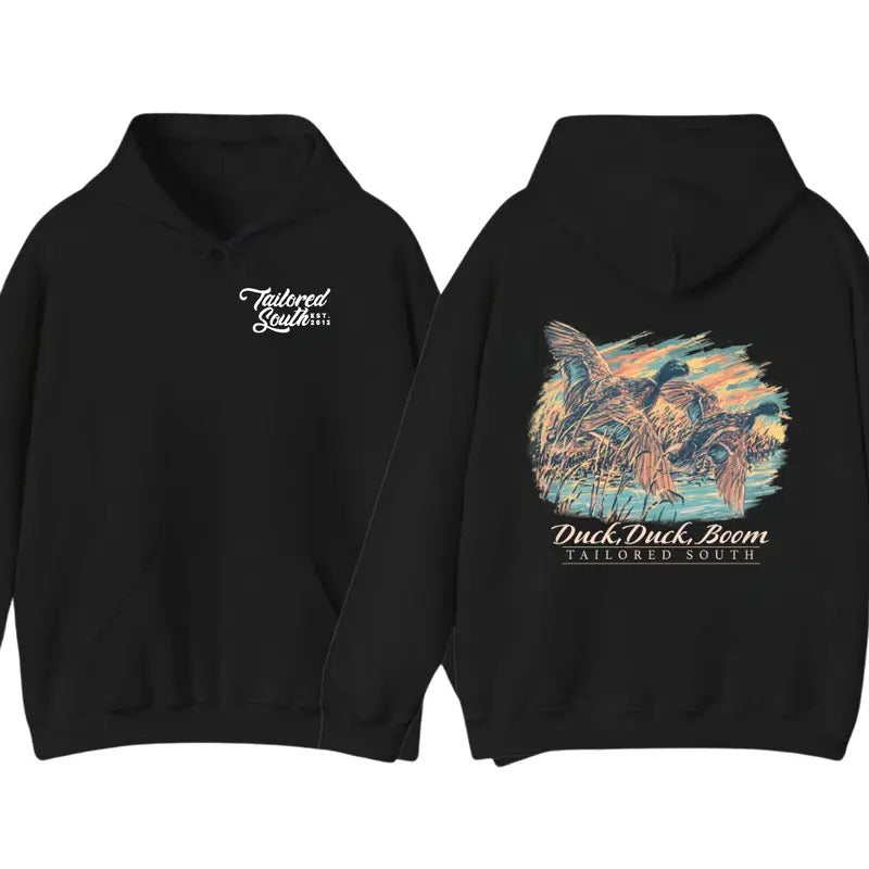 Tailored South - Duck, Duck, Boom Hoodie Sweatshirt T shirt - Impressive Design With Flying Ducks Image And Slogan 'Duck, Duck, Boom', Unisex Trendy Hoodie Classic, Graphic Tees For Women And Men, Gifts For All