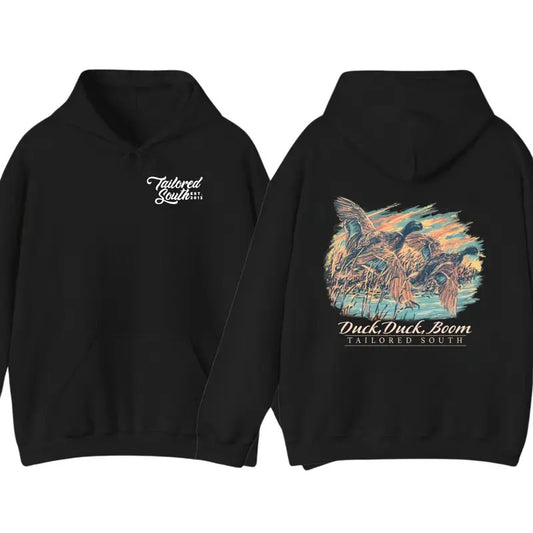 Tailored South - Duck, Duck, Boom Hoodie Sweatshirt T shirt - Impressive Design With Flying Ducks Image And Slogan 'Duck, Duck, Boom', Unisex Trendy Hoodie Classic, Graphic Tees For Women And Men, Gifts For All
