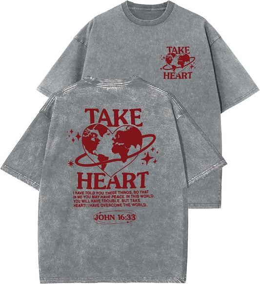 Take Heart Unisex Washed T-Shirt, Christian Tshirts, Vintage 90s Graphic Tee, Gift Top Womenswear Cotton Mineral Color