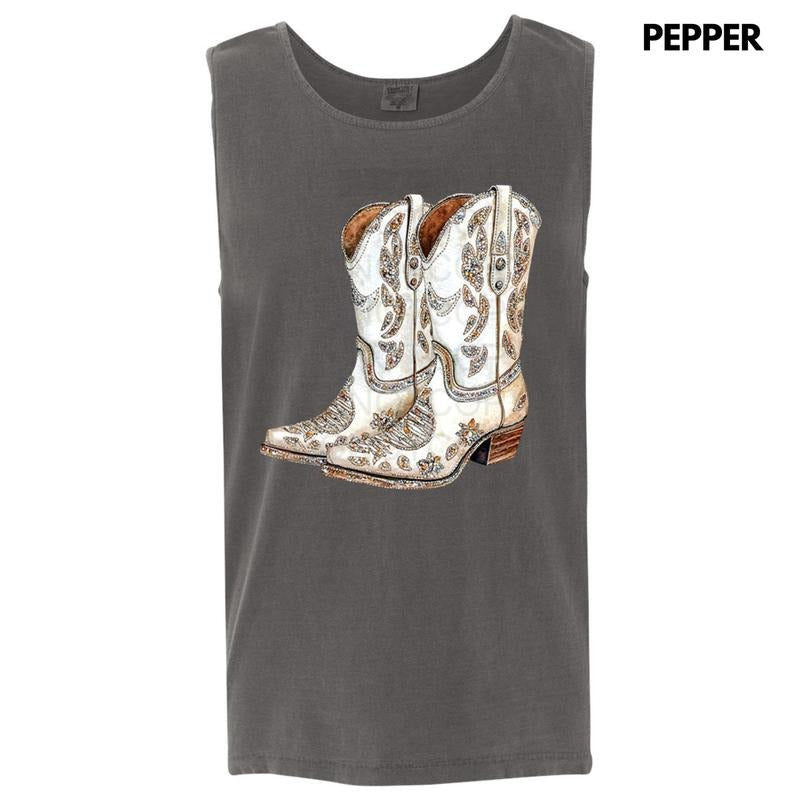 Tank Top - Cowgirl Boots Faux Rhinestone Comfort Colors Tank Top