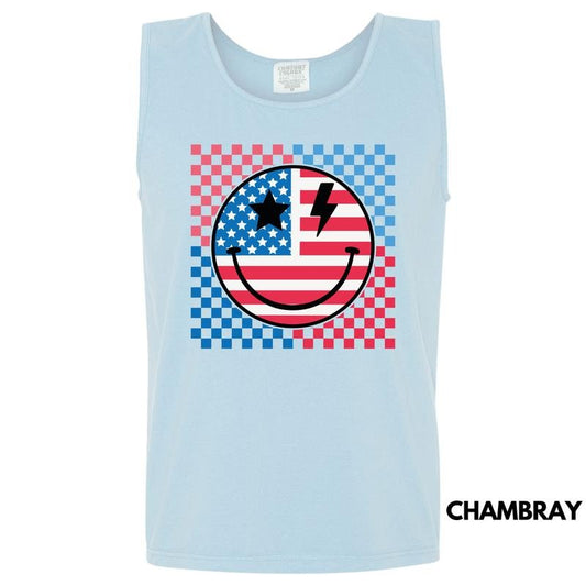 Tank Top - Crazy Patriotic Happy Face Comfort Colors Tank Top 'NLB'