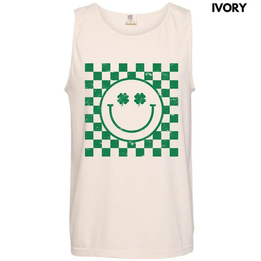 Tank Top - Green Shamrock Checker Happy Face Comfort Colors Tank Top 'NLB'