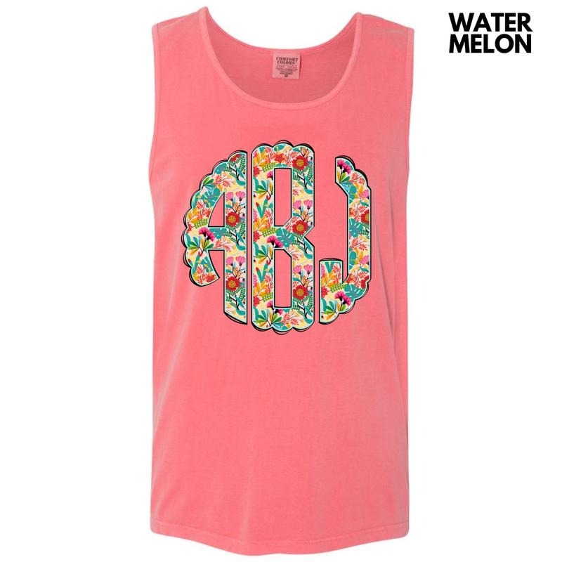 Tank Top - Paradise Floral Monogram Comfort Colors Tank Top 'NLB'