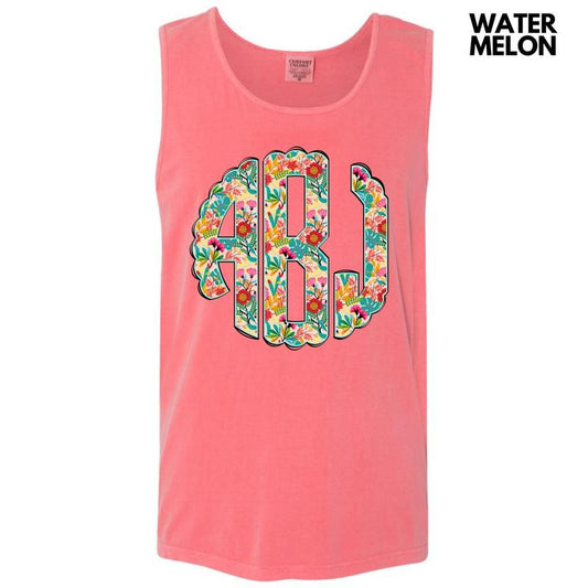 Tank Top - Paradise Floral Monogram Comfort Colors Tank Top 'NLB'