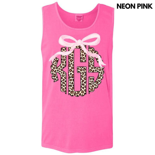 Tank Top - Pink Bow Cheetah Monogram Comfort Colors Tank Top 'NLB'