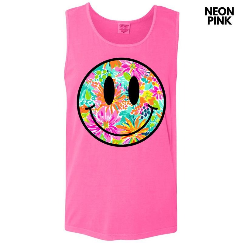 Tank Top - Watercolor Flowers Happy Face Comfort Colors Tank Top 'NLB'