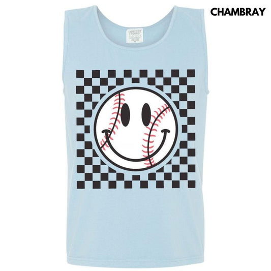 Tank Top -Baseball Checker Happy Face Comfort Colors Tank Top