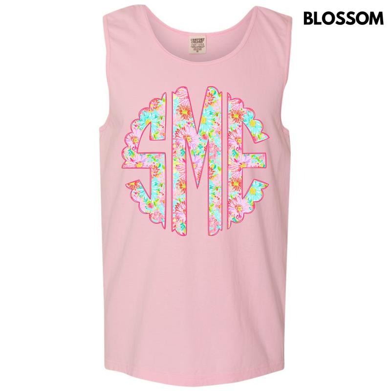 Tank Top -Pink Blossoms Monogram Comfort Colors Tank Top 'NLB'