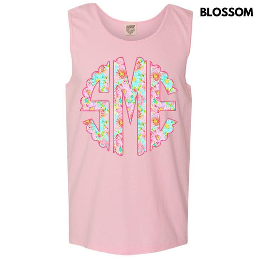 Tank Top -Pink Blossoms Monogram Comfort Colors Tank Top 'NLB'