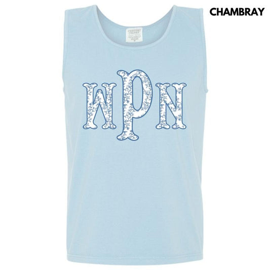 Tank Top -Vintage Vines Blue Monogram Comfort Colors Tank Top 'NLB'