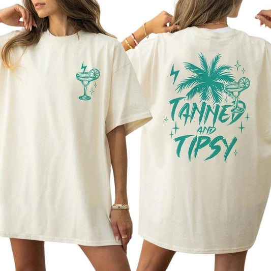 Tanned And Tipsy Shirt, Summer Vintage Graphic Tee Women, Beach Holidays Cocktail Printed Tops, Hello Summer Shirt, Gift For Summer Vacation Lover, Womenswear Cotton Fabric Relaxed Chic Style,  Comfy Oversized Unisex Tee
