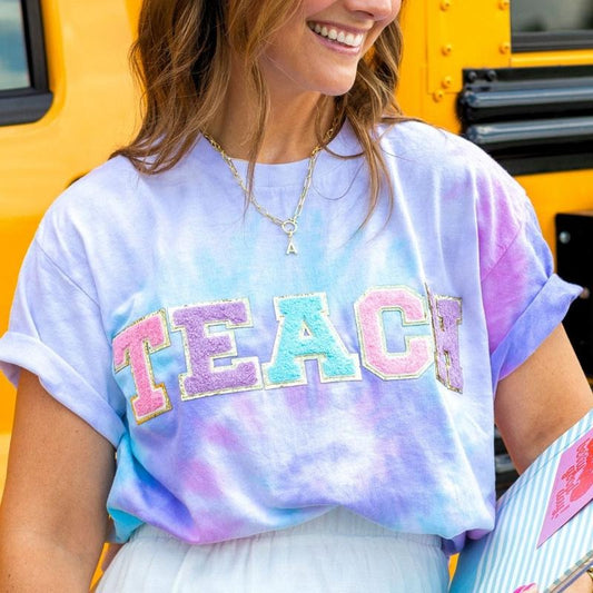 'Teach In Technicolor' Tie Dye Letter Patch T-Shirt