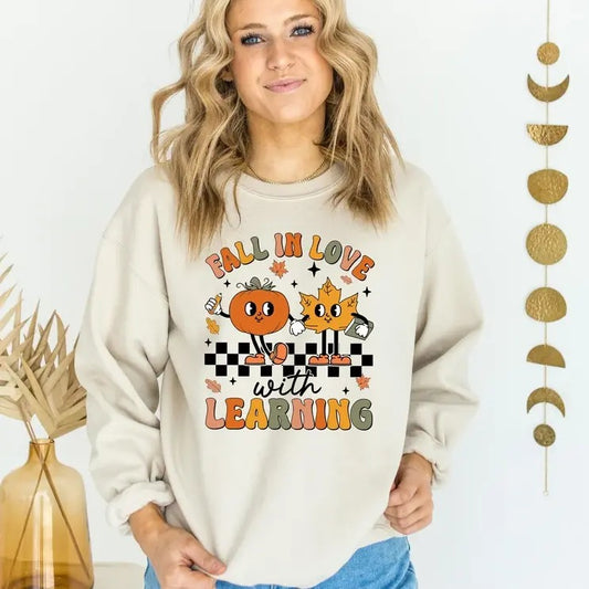 Teacher Shirt, Halloween Fall In Love With Learning Teacher Sweatshirt, Gift Teacher Halloween Shirt ,Trick Or Teach, Pumpkin Retro Kindergarten, Halloween Clothes, Halloween Tee, Halloween Vibes, Halloween Season