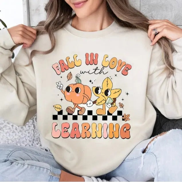 Teacher Shirt, Teacher Fall Shirt, Fall In Love With Learning Teacher, Teacher Pumpkin Shirt, Retro Teacher Shirt, Unisex Shirt In All Sizes And Colors Comfort Cotton