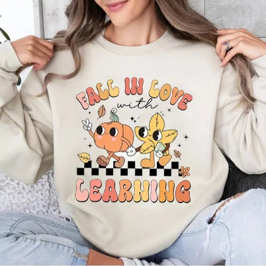 Teacher Shirt, Teacher Fall Shirt, Fall In Love With Learning Teacher, Teacher Pumpkin Shirt, Retro Teacher Shirt, Unisex Shirt In All Sizes And Colors Comfort Cotton