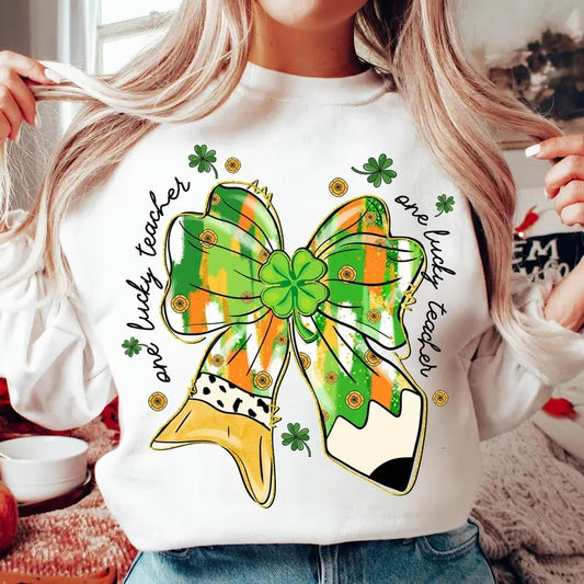 Teacher St Patrick Coquette Bow Pencil Sweatshirt, Lucky Teacher, Glitter St Pattys Day Sweatshirt, Brushstroke Shamrock, Retro Teacher Gift