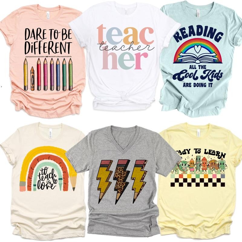 Teacher T-Shirts Dare to be Different Teacher School Tees Teacher Gift Tshirts Ready To Learn Teacher T-Shirts Womens Sublimation Tees Casual Retro Top Womenswear