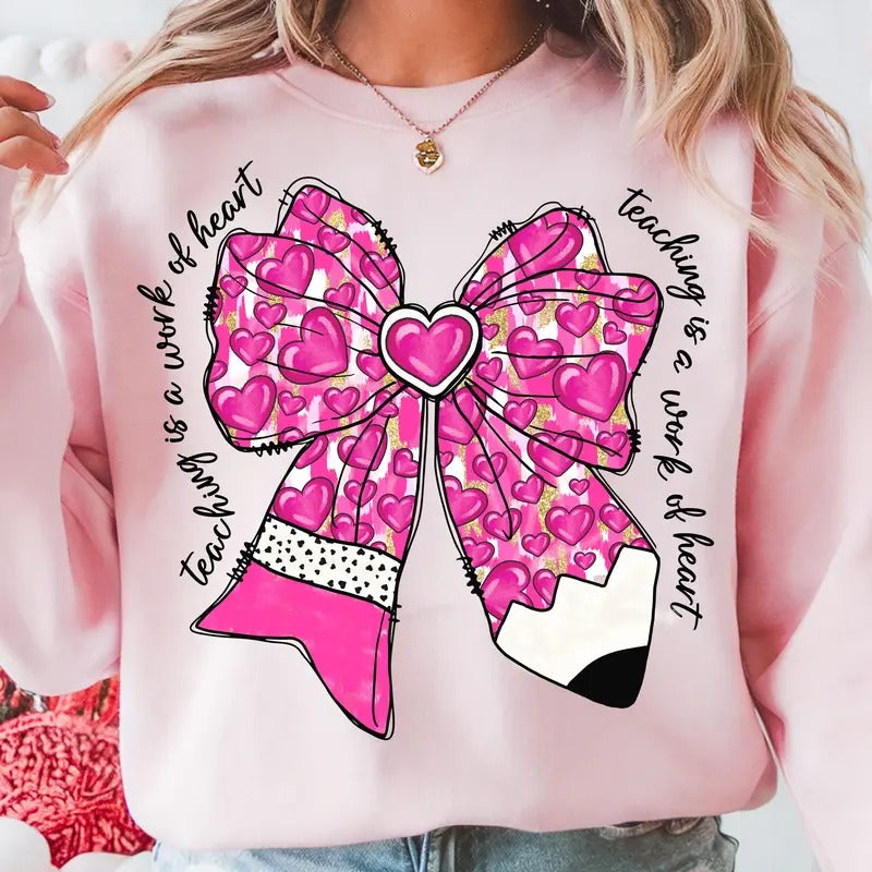 Teacher Valentine Coquette Bow Pencil T-Shirt, Glitter Teacher Heart Valentine's Day Sweatshirt, Retro Teacher Crewneck