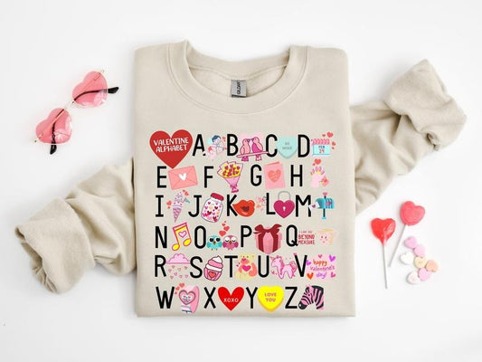 Teacher Valentine Sweatshirt, Valentine's Day Alphabet Shirt, Teacher Valentine's Day, Alphabet T Shirt, Teacher Gift, Valentines Sweatshirt, Long Sleeve Crewneck Shirt, Valentines Gifts For Her, Gifts For Valentines Day Classic Man