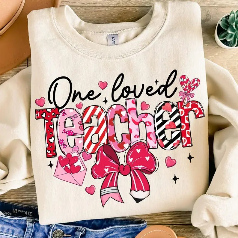 Teacher Valentine T-shirt & Sweatshirt, Loved Teacher Shirt, Teacher Coquette Bow Shirt, Valentine Teacher, Retro Teacher