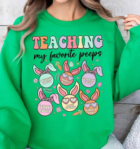Teaching My Favorite Peeps, Teacher Sweatshirt Gift, Cute Easter Sweater, Easter Bunny, Retro Easter Teacher Gift, Gifts For Teacher, Happy Easter Sweatshirt , Easter Gifts For Women Sweater, Long Sleeve Crewneck