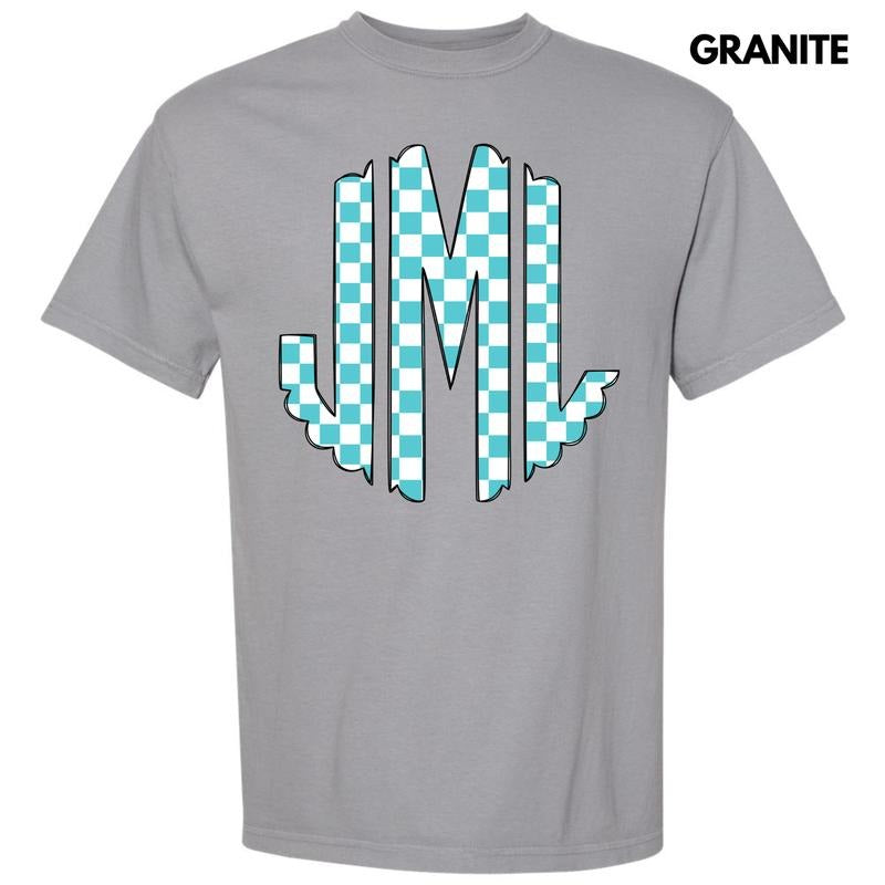 Teal Checker Monogram Comfort Colors T-Shirt 'NLB'
