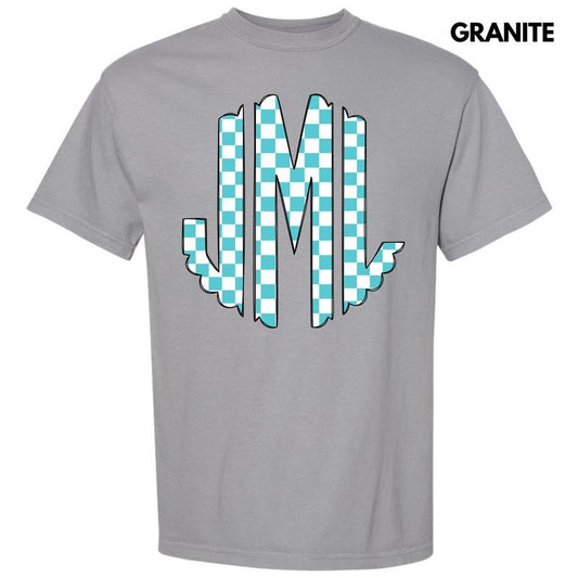 Teal Checker Monogram Comfort Colors T-Shirt 'NLB'