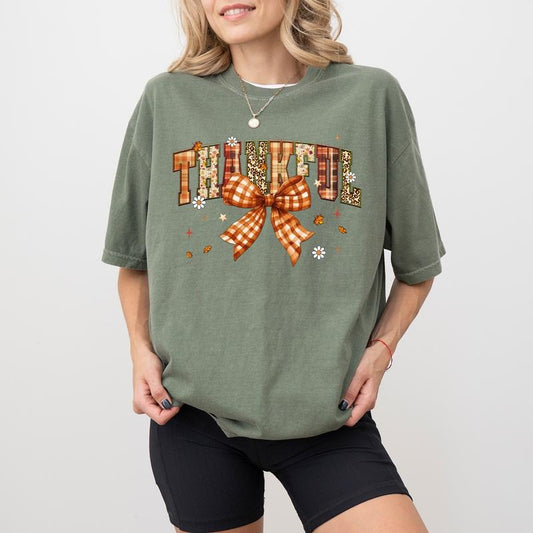 Thankful Coquette Bow Shirt Comfort Colors, Vintage Checkered Bow Printed Tee, Thanksgiving Gift Ideas for Girls, Fall Women's Tops, Comfy Womenswear
