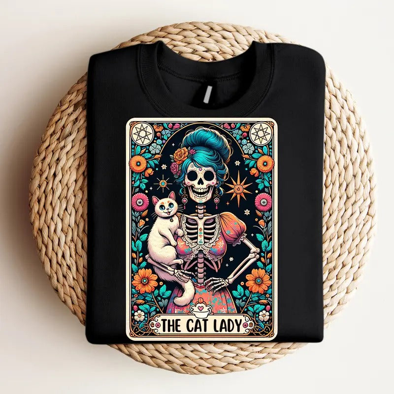 The Cat Lady Tarot Card - Crewneck Sweatshirt, Mental Health, Funny Tee, Bright Graphic, Funny Apparel, Gift Idea, Relaxed Fit, Casual Apparel, Cute Top, Great with Jeans, All Seasons, Fun Style, Comfortable Shirt