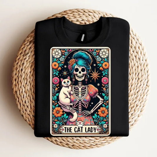The Cat Lady Tarot Card - Crewneck Sweatshirt, Mental Health, Funny Tee, Bright Graphic, Funny Apparel, Gift Idea, Relaxed Fit, Casual Apparel, Cute Top, Great with Jeans, All Seasons, Fun Style, Comfortable Shirt