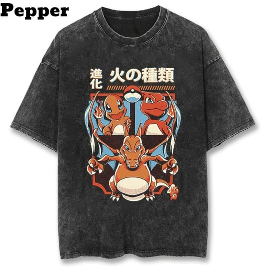 The Charmander Family Black Vintage Tee, Charmander Shirt, Charmander Merch, Pokemon Shirt, Anime Shirt, gift for him, gift for her Top Menswear