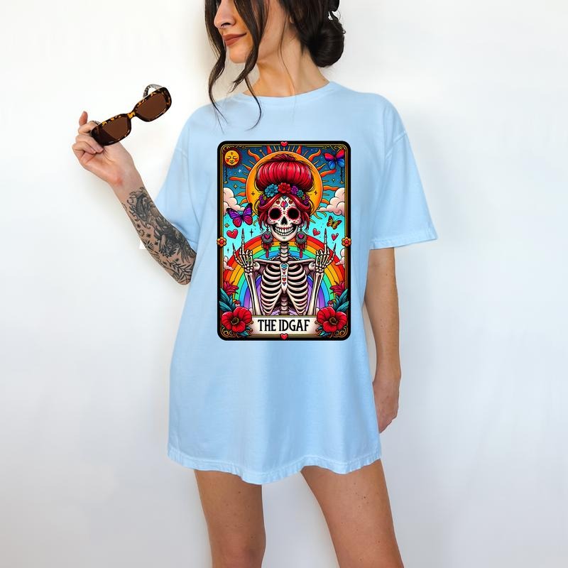 The IDGAF Tarot Card - T-Shirt, Cute Skeleton, Bright Graphic, Funny Apparel, Gift Idea, Relaxed Fit, Casual Apparel, Cute Top, Great with Jeans, All Seasons, Fun Style, Comfortable Shirt
