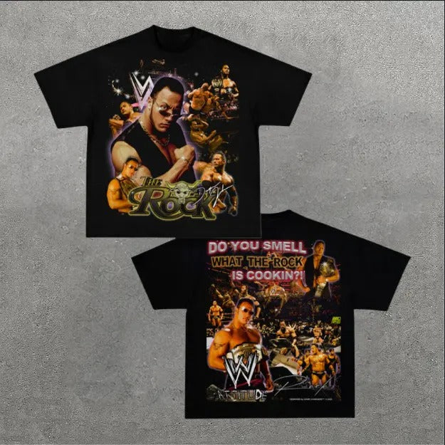 The Rock Vintage Graphic Tees, Wrestler Tshirt, WWE Shirts, Crew Neck Casual T-Shirt, Unisex Wrestling Shirt Men Clothing Gifts For Men Women Streetwear Menswear Womenswear
