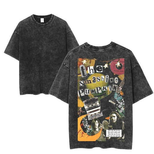 The Smashing Pumpkins Collage T-Shirt, Retro Rock Band Tee, Double-Sided Graphic Design, Casual Streetwear, Unisex Cotton Shirt