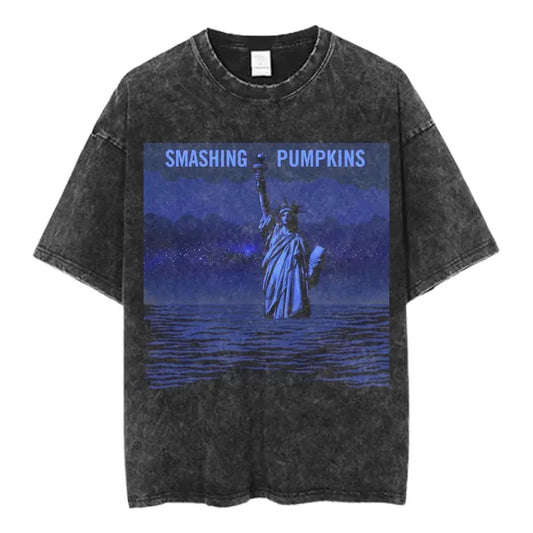 The Smashing Pumpkins Graphic Tee, Vintage 90s Rock Band T-Shirt, Grunge Music Streetwear, Statue of Liberty Album Art, Distressed Black Shirt, Unisex Band Merch