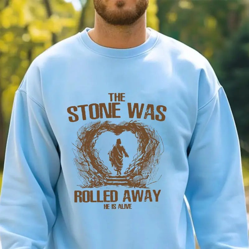 The Stone Was Rolled Away He Is Alive Sweatshirt Casual Street Style Fleece Fabric Crewneck Pullover Sweatshirt Tops Trendy for Women for Men, Perfect Gifts