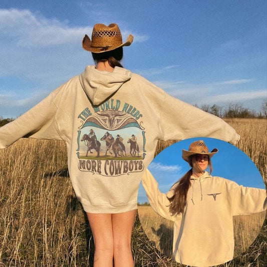 The World Needs More Cowboys Hoodie, Western Vintage Style Sweatshirt, Country Gifts For Him Or Her, western clothing stuff, westernn outfits women tops, country western girl clothes